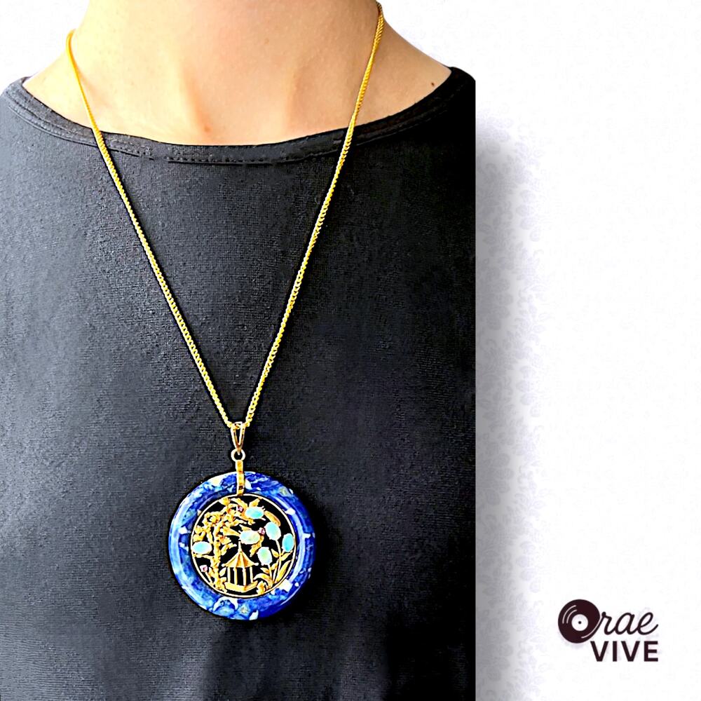 Vintage 14K Gold Oriental Blue Lapis Lazuli & Opal Pendant Necklace 20in